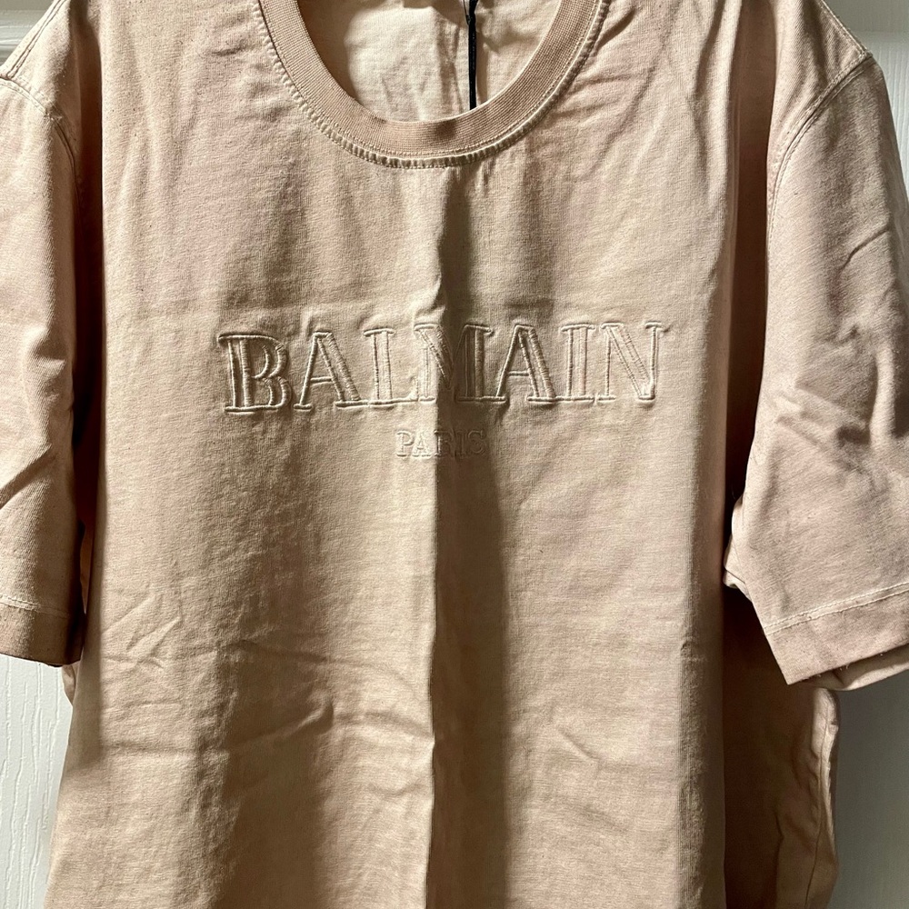 Balmain Light Beige Tee with Embroidered Logo